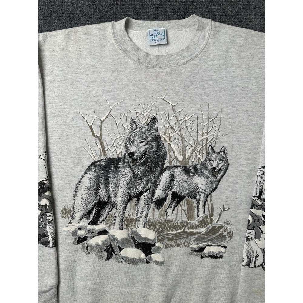 Mens Sweatshirt Pacific Sports Wolves Graphic Made in USA Gray, Size L/XL - Picture 3 of 10